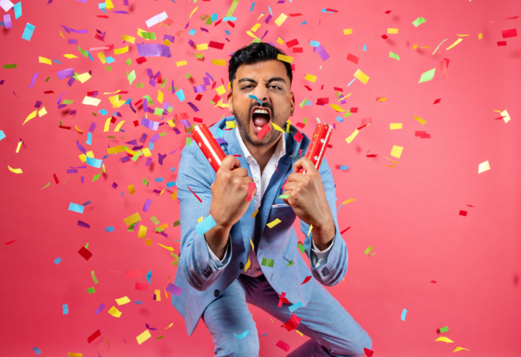 What's on in London today: a man cheering among colourful falling confetti