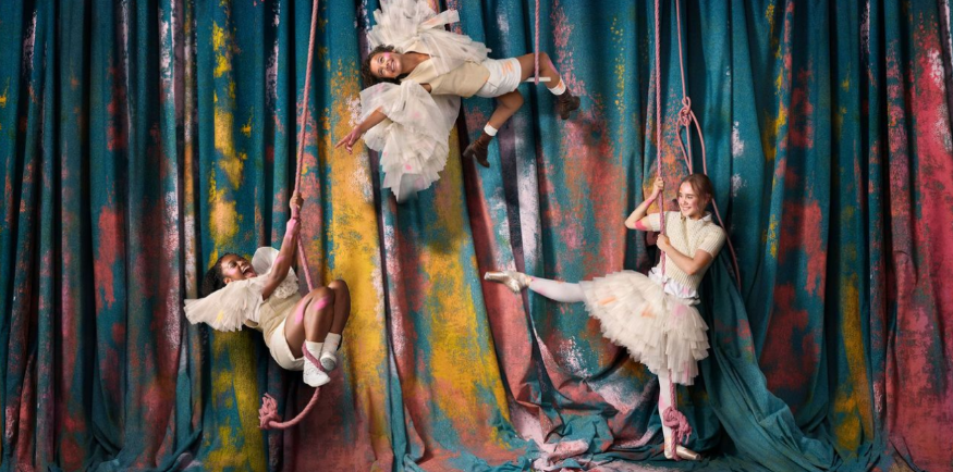 Things to do in London today: three girls swinging from ropes in a promo poster for Ballet Shoes