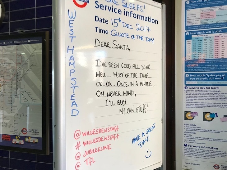 A TfL whiteboard with jokey christmas remarks