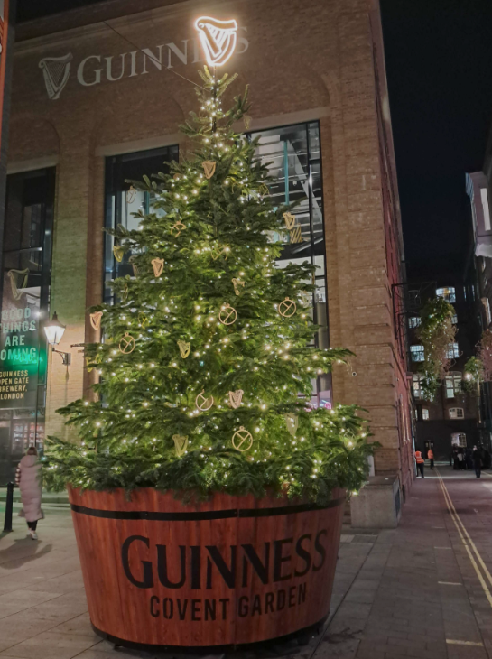 Self-guided Christmas lights walking route London 2025: a Christmas tree in a large, Guinness-branded wooden pot, with Guinness decorations and a harp topper
