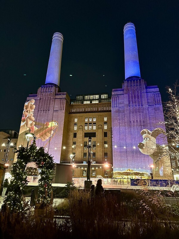 Wallace and Gromit are projected onto battersea power station