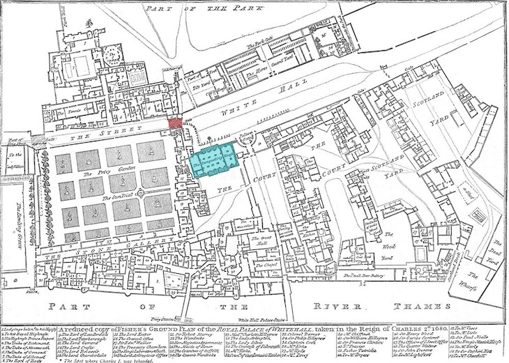 A map of whitehall showing the layout of whitehall palace