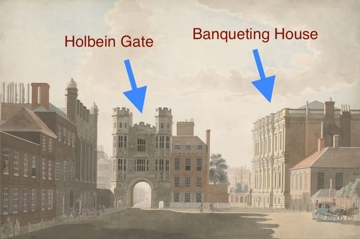 The location of the holbein gate right next to banqueting house in Whitehall