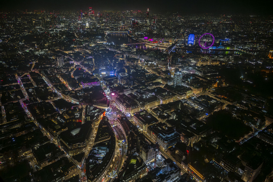 A Christmasy London from above at night