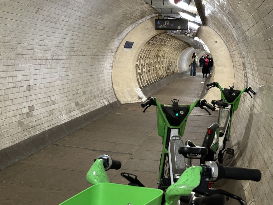 Lime bikes accrue in the Greenwich foot tunnel