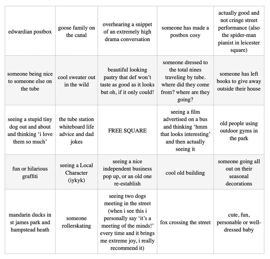 A bingo card on how to love London