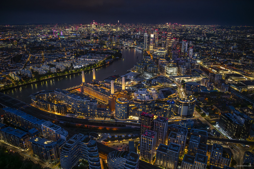 Battersea Power Station from above at night