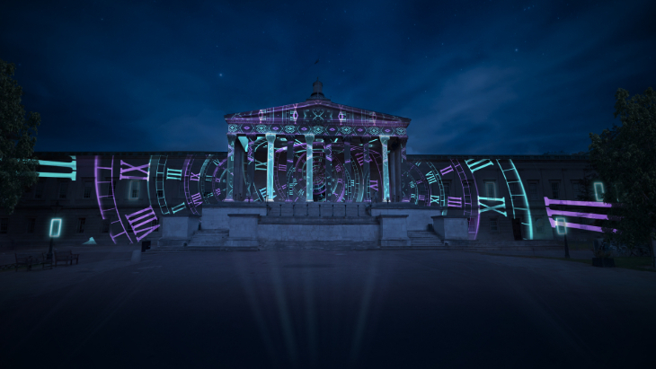 Things to look forward to in London in 2026: lights being projected onto the Wilkings Building facade
