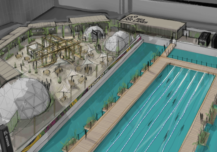 Things to look forward to in London in 2026: a mock-up of the new outdoor lido in Canary Wharf