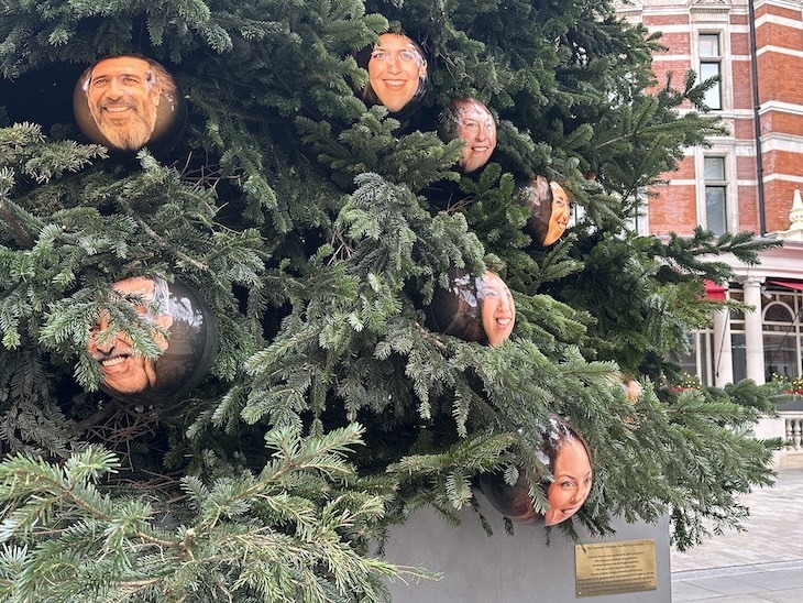 Closeup of baubles on Connaught Hotel christmas tree 2025