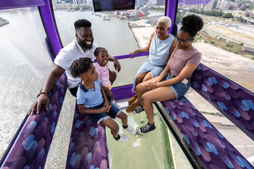 A family in a glass floor cable car