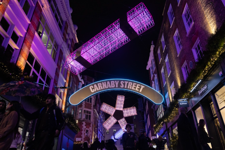 London Christmas lights 2025: blocky Christmas lights suspended above Carnaby Street