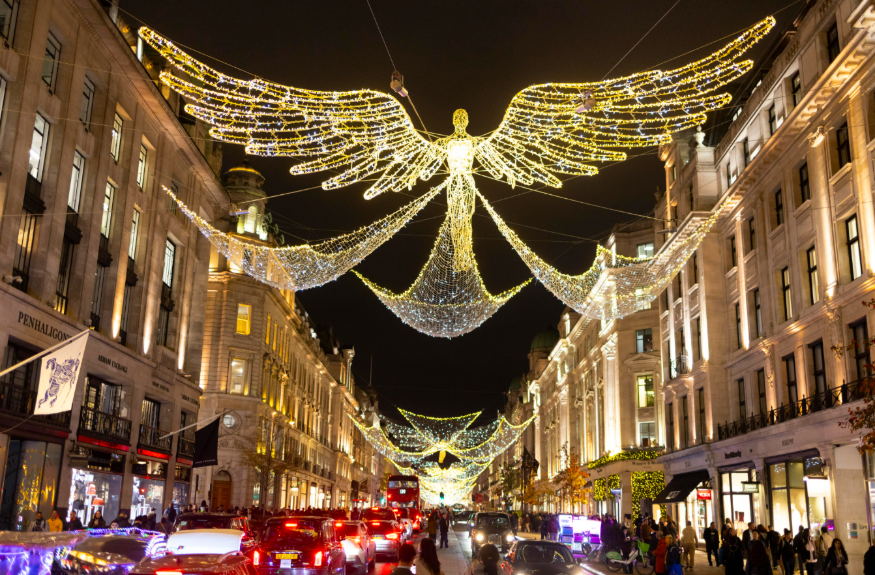 London Christmas lights 2025: a glowing angel above Regent Street