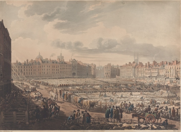 Old print of Smithfield meat market when livestock were still stored there