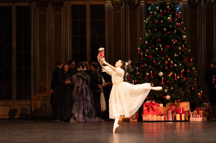 Things to do in London today: a ballerina in front of a Christmas tree in a performance of The Nutcracker