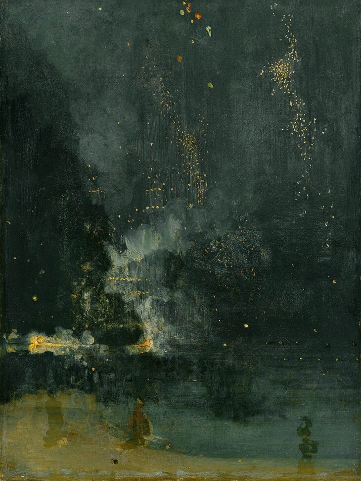 A painting of fireworks over a pleasure garden