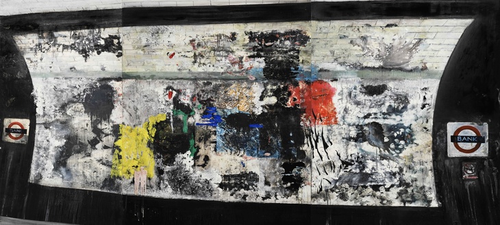 Bank station with a messy poster space