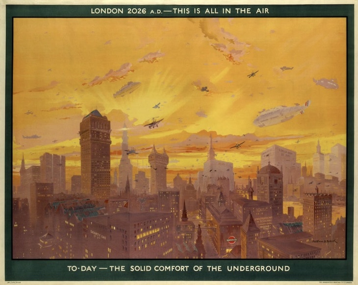 An old futuristic image of London in 2026