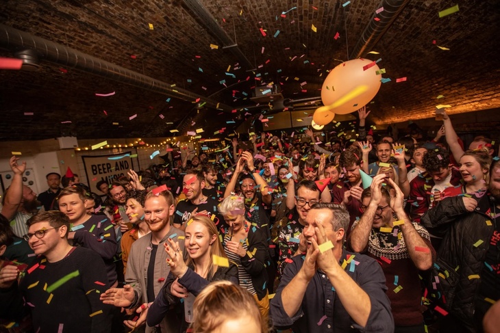Confetti raining down on a crowd