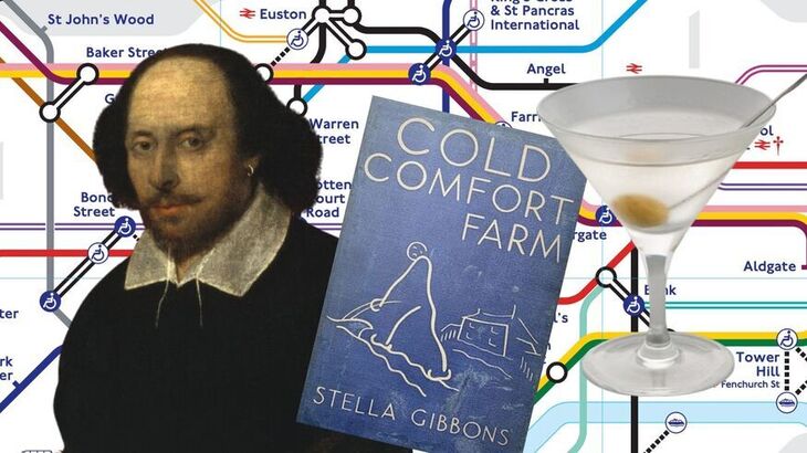 Shakespeare, a martini and Cold Comfort Farm superimposed over a Tube map