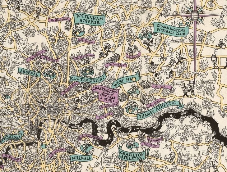 A map of london from the 1930s emphasising football landmarks