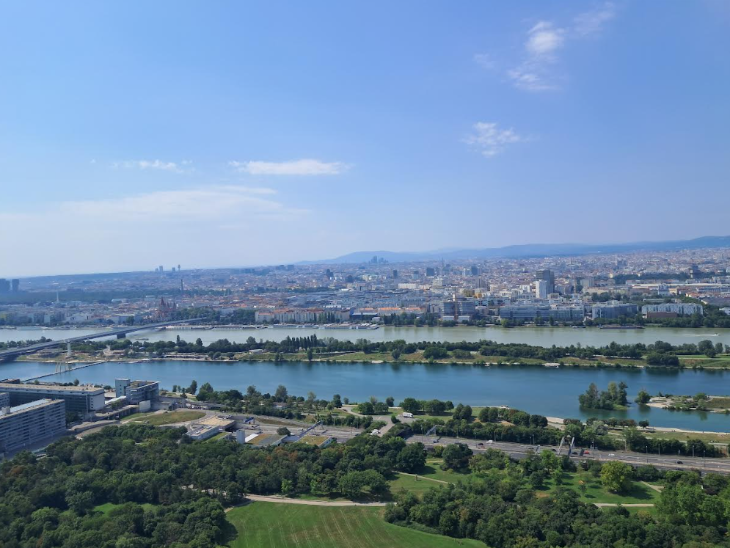 Best things to do in Vienna: a view across the River Danube towards central Vienna