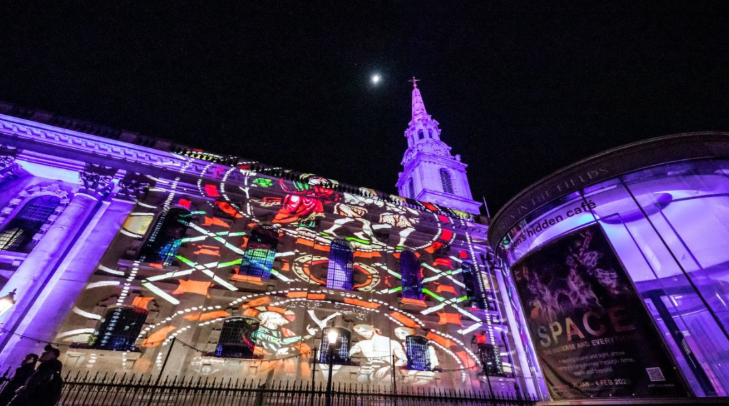Top things to do in London in February 2026: lights projected onto the exterior of St Martin in the Fields