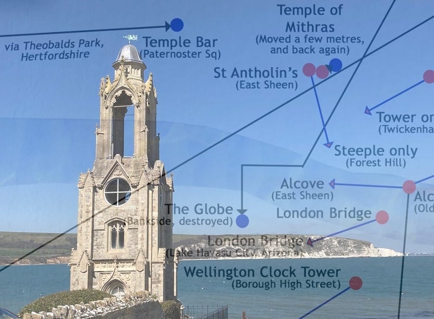 An image of a tower in Swanage, with lines showing buildings that have moved