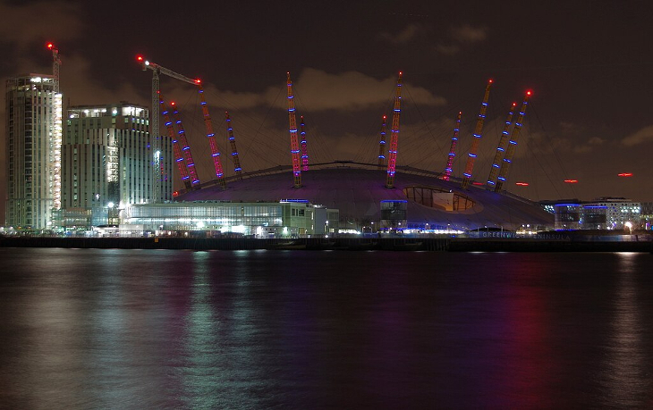 Earth Hour London: The O2 in the dark, with only the safety lights on the masts illuminated