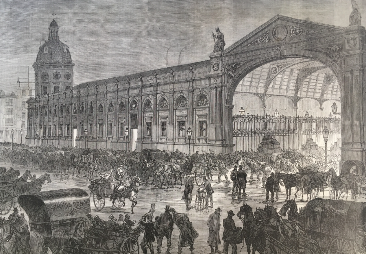 Things to do in London this weekend: a grayscale sketch of the exterior of Smithfield Market in 1870