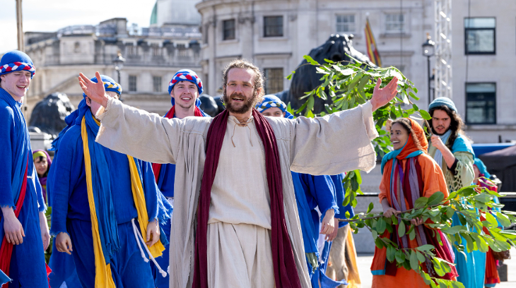 What's on in London in Spring 2026: actors performing the Easter story in the open air in Trafalgar Square