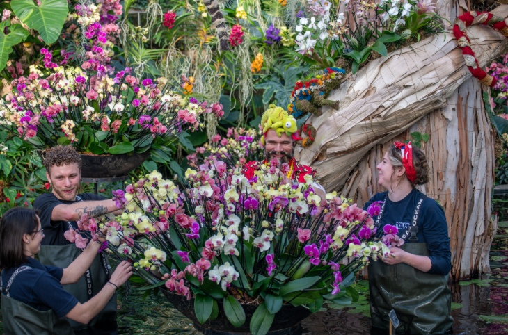 Things to do in London today: Staff putting the finishing touches to a colourful display of orchids