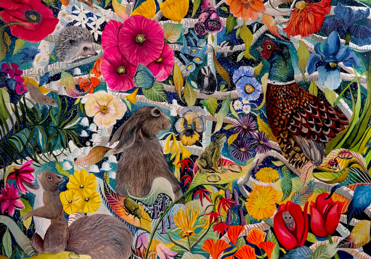 Top events in London today: a colourful collage artwork featuring flowers, and animals including rabbits and pheasants