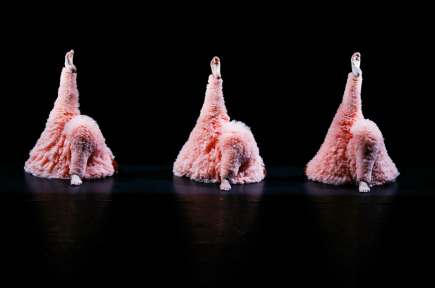Top events in London in February 2026: three dancers in pink fluffy costumes lying on the floor, each with a single leg in the air