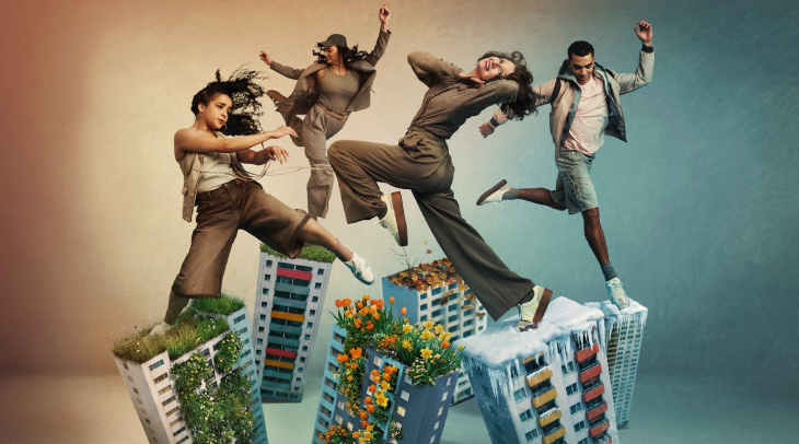 What's on in London Summer 2026: poster A Life In Four Seasons showing four people leaping between buildings, each one representing a different season