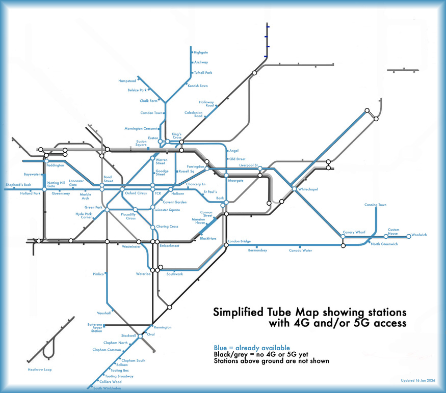 A map of 5g coverage in london tube jan 2026