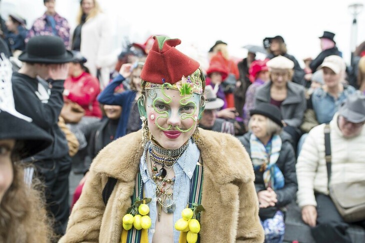 A person in a red hat