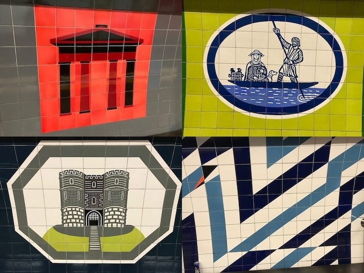 Four tile patterns from the Victoria line, including the Euston Arch, a ferry at tottenham hale, the swan of Stockwell and a castle for Highbury and Islington