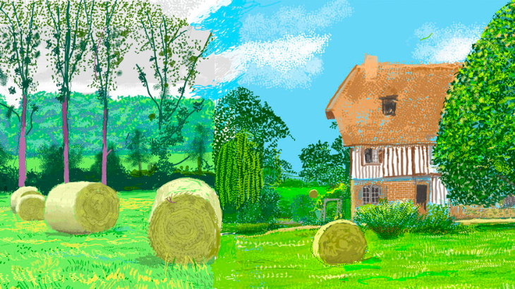What's on in London March 2026: a painting of a field full of hay bales in front of a cottage, by David Hockney