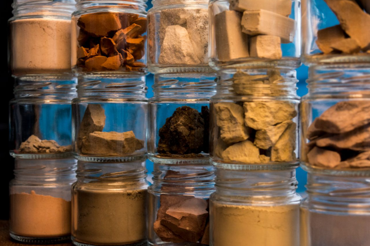 What's on in London March 2026: a display of clear glass jars, each containing different types of rock or dirt