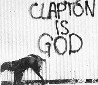 Graffiti saying Clapton is God as a dog pees on a fence