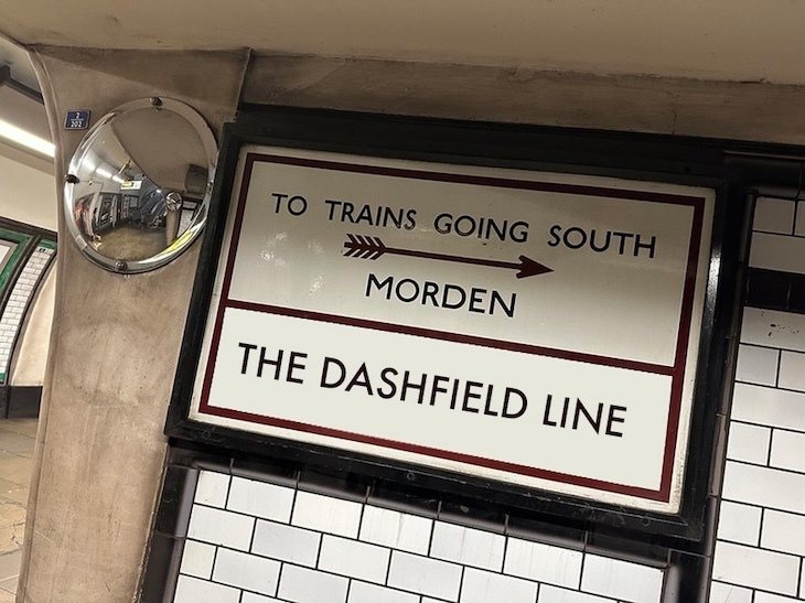 A Northern line sign pointing the way to Morden, but the name of the line has been changed to dashfield line