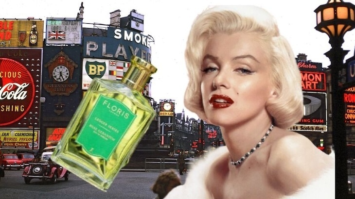 Marilyn monroe with a bottle of perfume photoshopped over an image of piccadilly circus