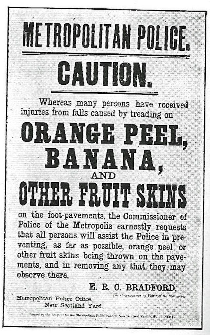 A poster from the metropolitan police warning people about the dangers of fruit peel
