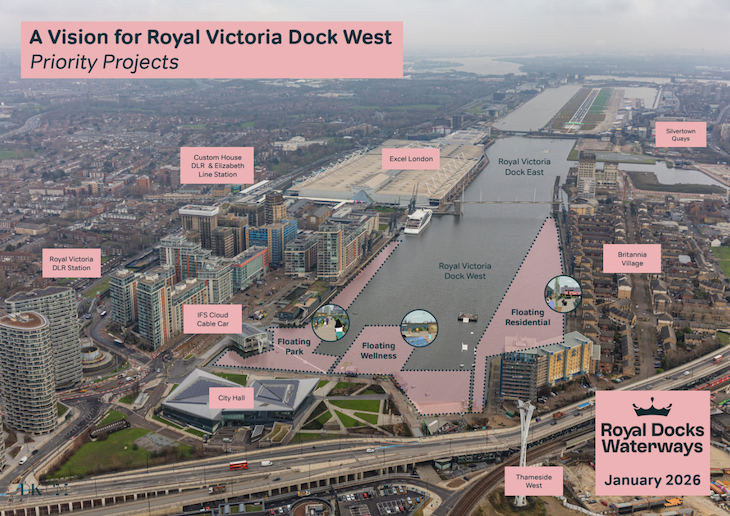رصيف Royal Victoria Dock الذي يحتوي على الكثير من فرص التطوير المميزة فوق الماء باللون الوردي