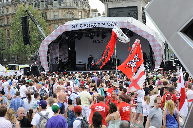 Crowds watching the stage at the St George's Day Festival in Trafalgar Square