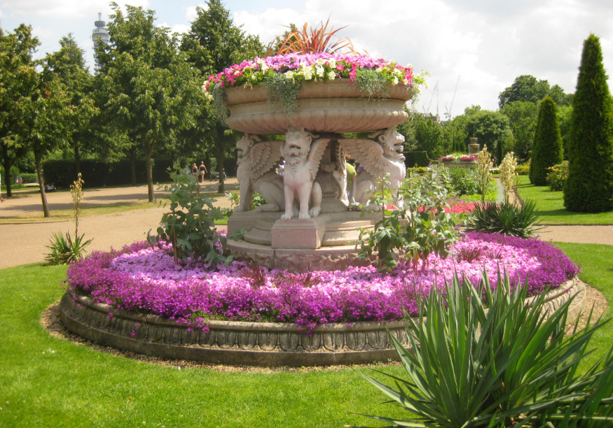 London's best flower displays: a large griffin vase in Regent's Park planted with pink flowers