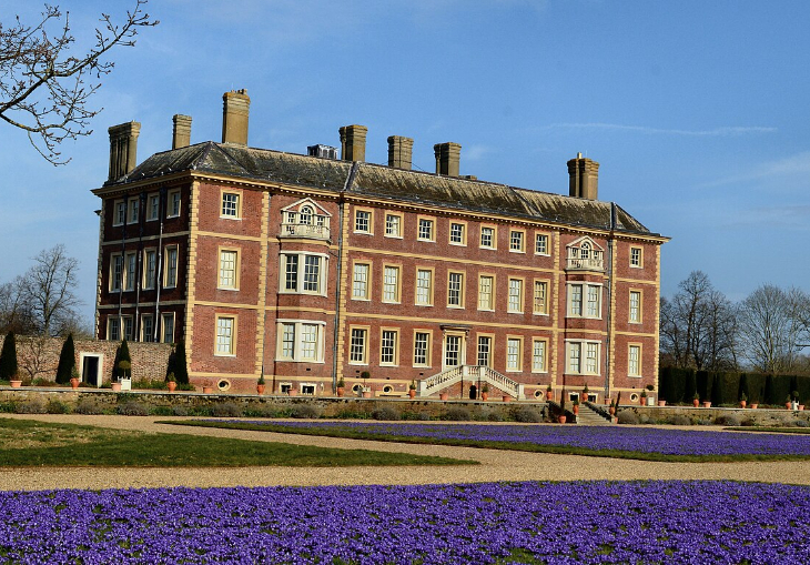 Best London gardens to visit: hundreds of purple crocuses in beds in front of Ham House