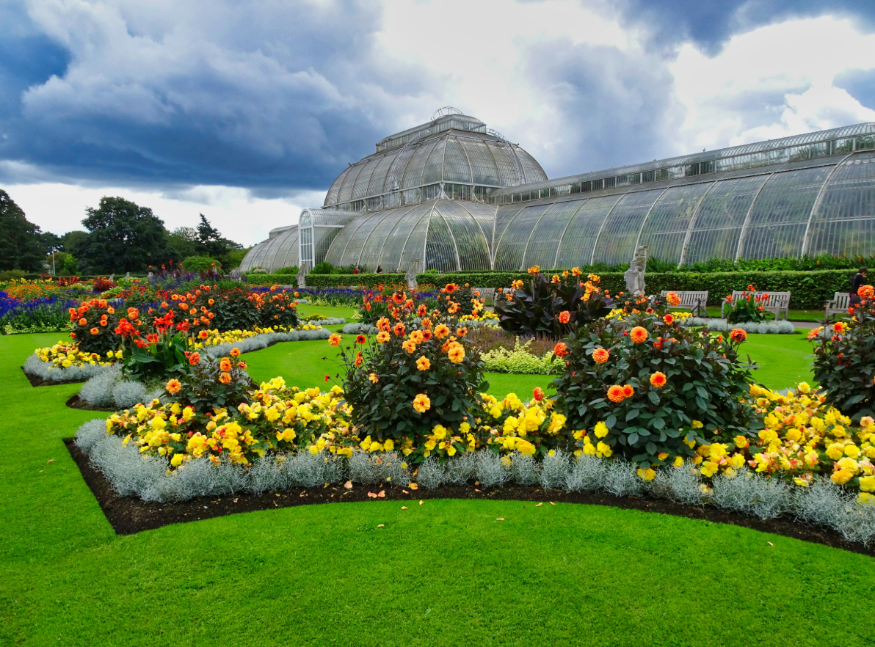 Best London gardens to visit: yellow and orange flowers in bloom outside a glasshouse at Kew Gardens