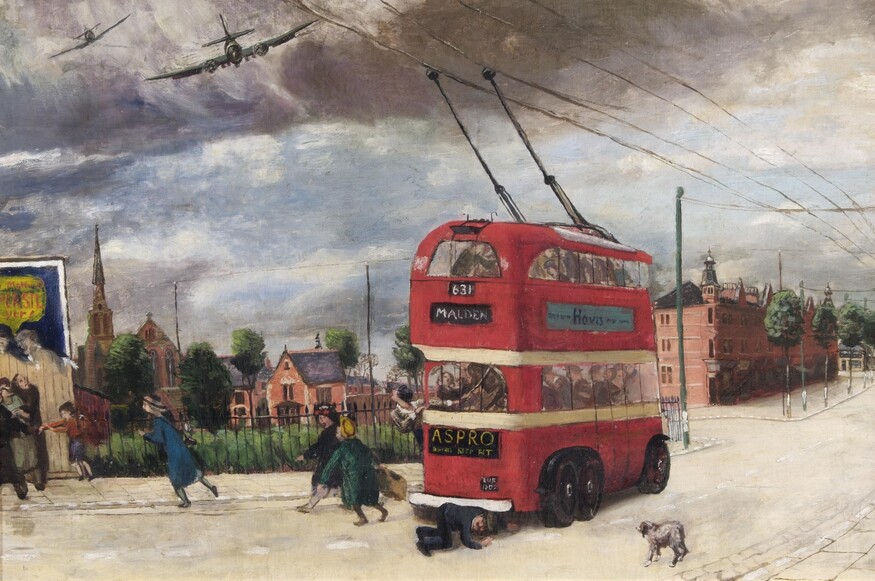 A painting of a London bus and a enemy plane overhead